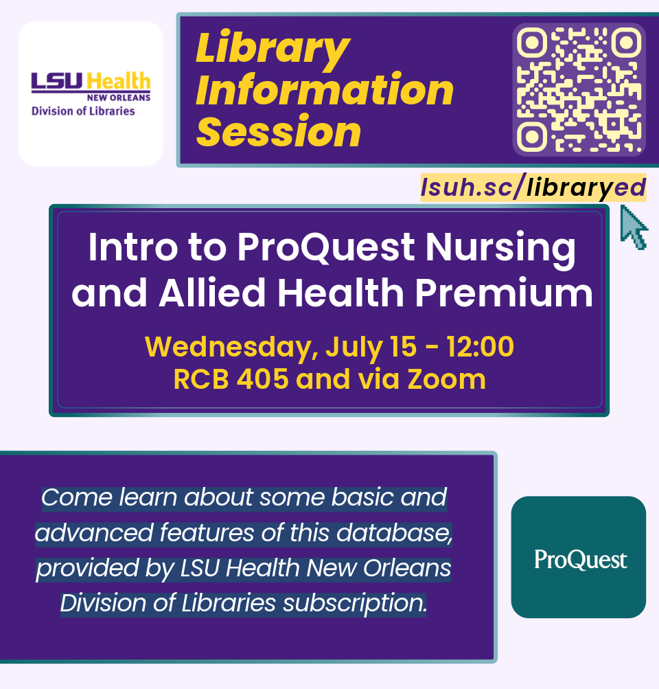 Event Title: Intro to ProQuest Nursing and Allied Health Premium Chandler Smith, Event Date: July 15, Starting at 12:00 PM and ending at 12:30 PM in Building: Resource Center Building Room: Room 405