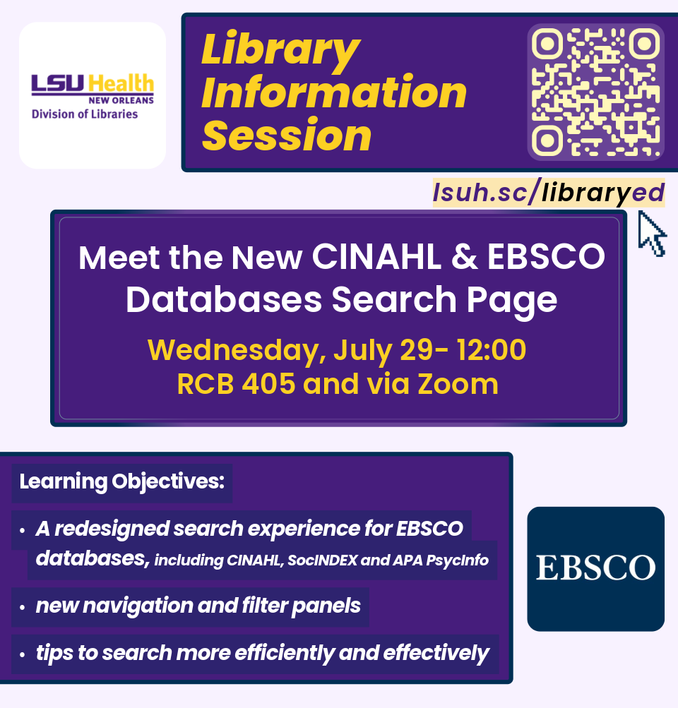 Event Title: Meet the New CINAHL & EBSCO Databases Search Page Sharon Duffy and Rowan Marye, Event Date: July 29, Starting at 12:00 PM and ending at 12:30 PM in Building: Resource Center Building Room: Room 405