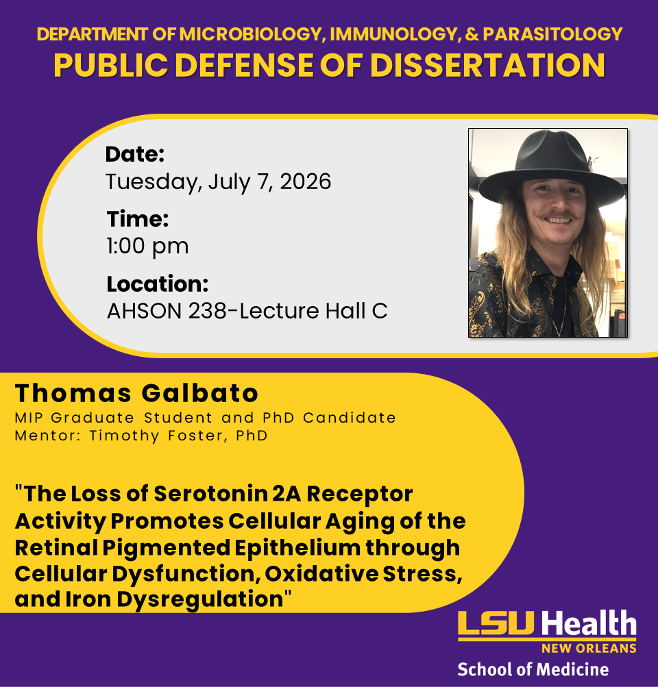Event Title: Public Defense of Dissertation Thomas Galbato, Event Date: June 30, Starting at 01:00 PM and ending at 02:00 PM in Building: Allied Health/Nursing Building Room: 238