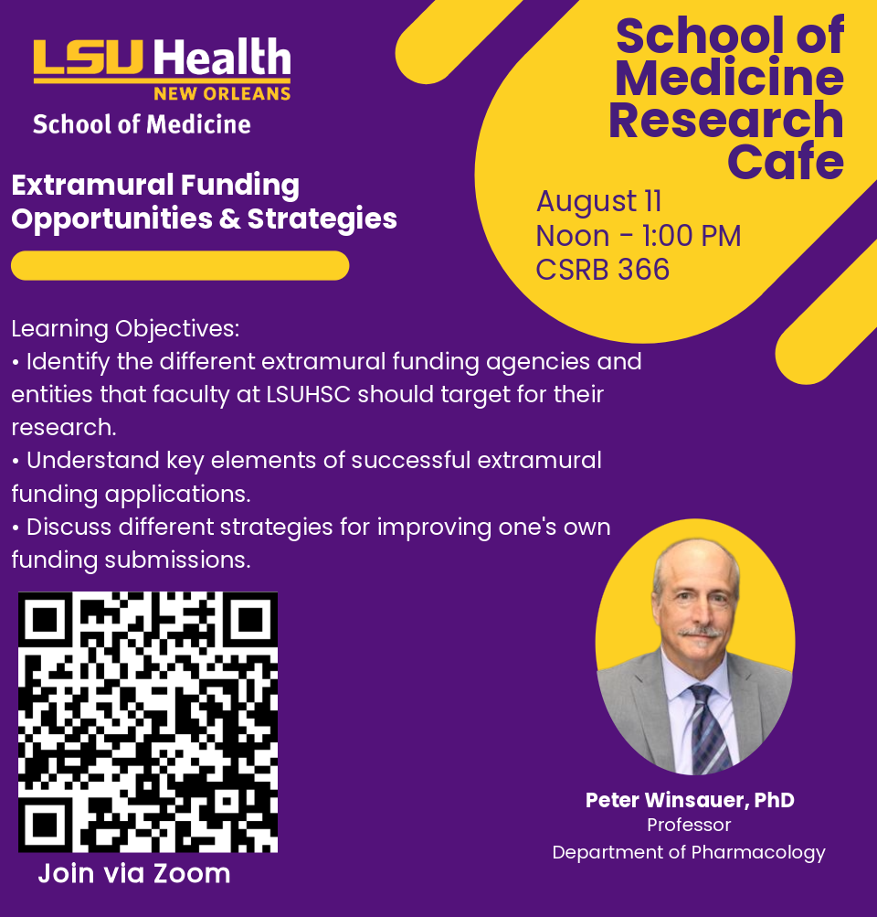 Event Title: Extramural Funding Opportunities and Strategies Peter Winsauer, PhD, Event Date: August 11, Starting at 12:00 PM and ending at 01:00 PM in Building: Clinical Sciences Research Building Room: 366