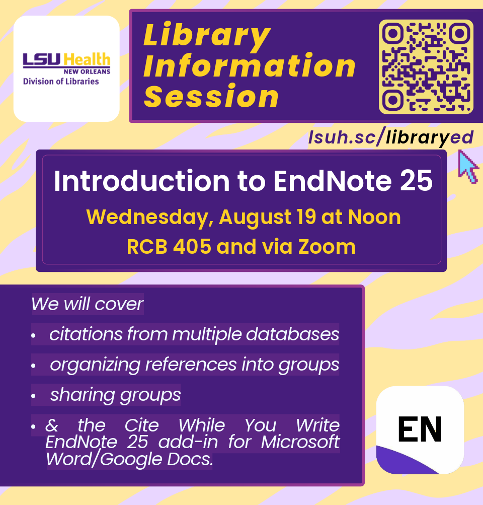 Event Title: Introduction to EndNote 25 Chandler Smith, Event Date: August 19, Starting at 12:00 PM and ending at 12:30 PM in Building: Resource Center Building Room: 405