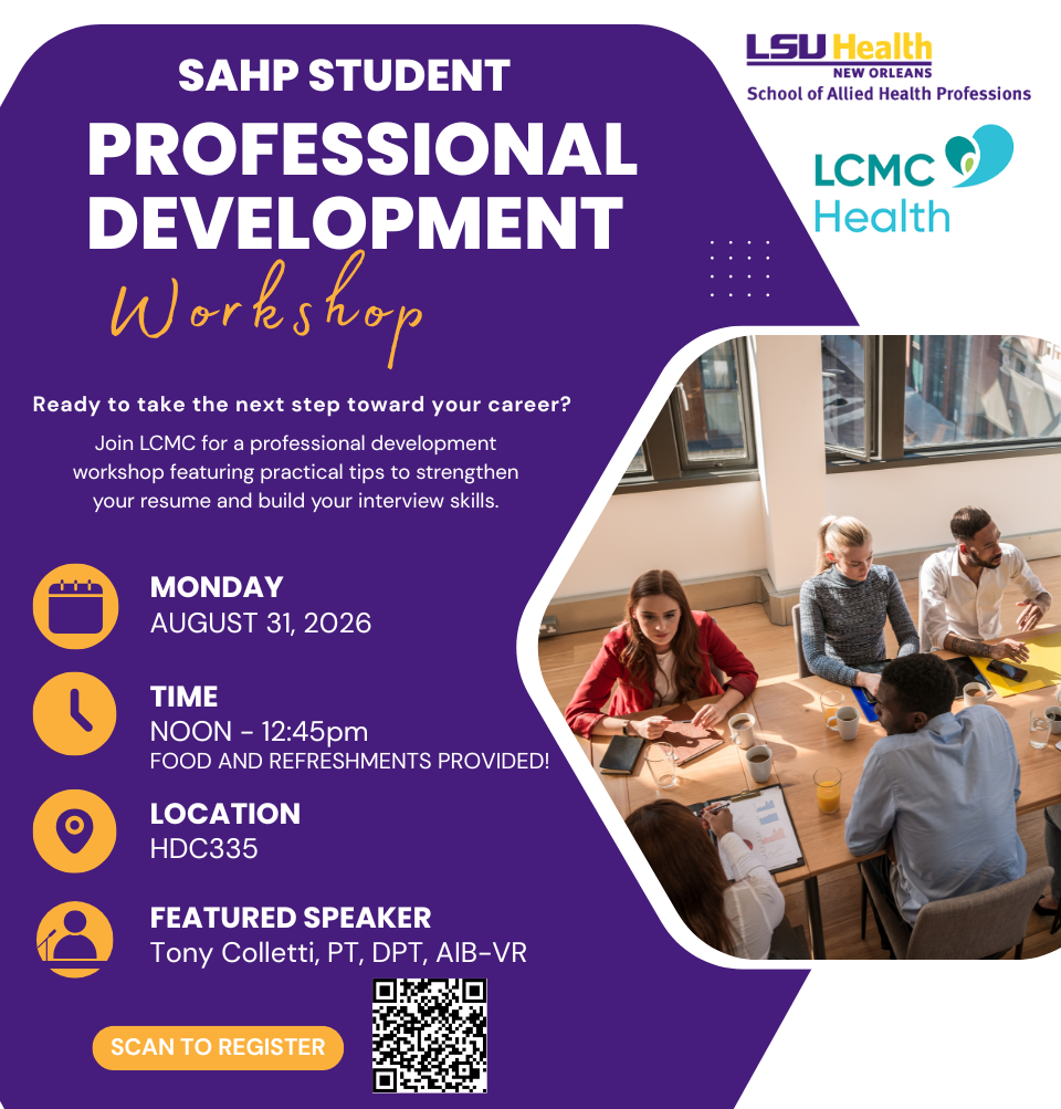 Event Title: Professional Development Workshop Tony Colletti, PT, DPT, AIB-VR, Event Date: August 31, Starting at 12:00 PM and ending at 12:45 PM in Building: Human Development Center Room: 335