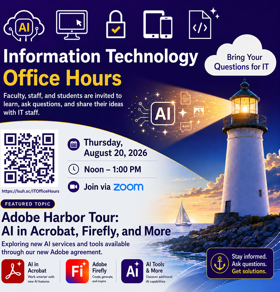 Event Title: IT Office Hours - Adobe and AI , Event Date: August 20, Starting at 12:00 PM and ending at 01:00 PM in Building: None Room: Zoom