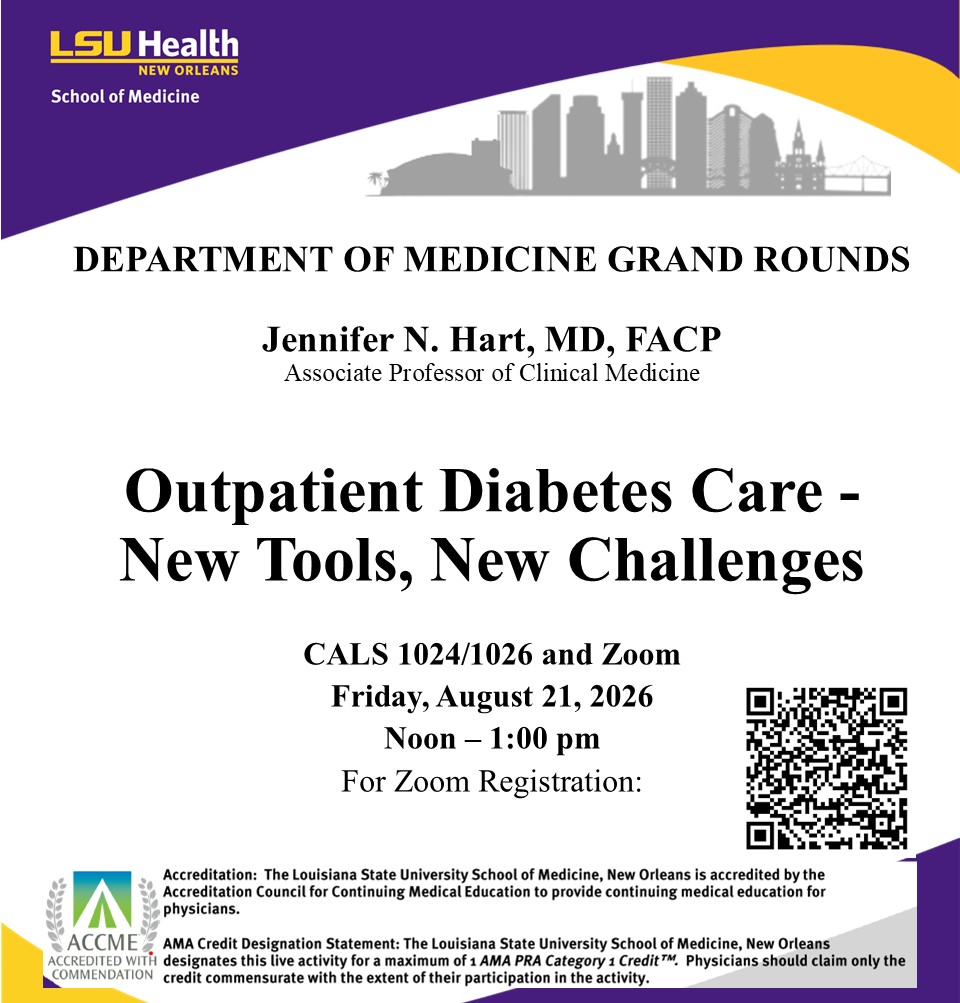 Event Title: Medicine Grand Rounds Jennifer Hart, MD, Event Date: August 21, Starting at 12:00 PM and ending at 01:00 PM in Building: Center for Advanced Learning and Simulation Room: 1024/1026