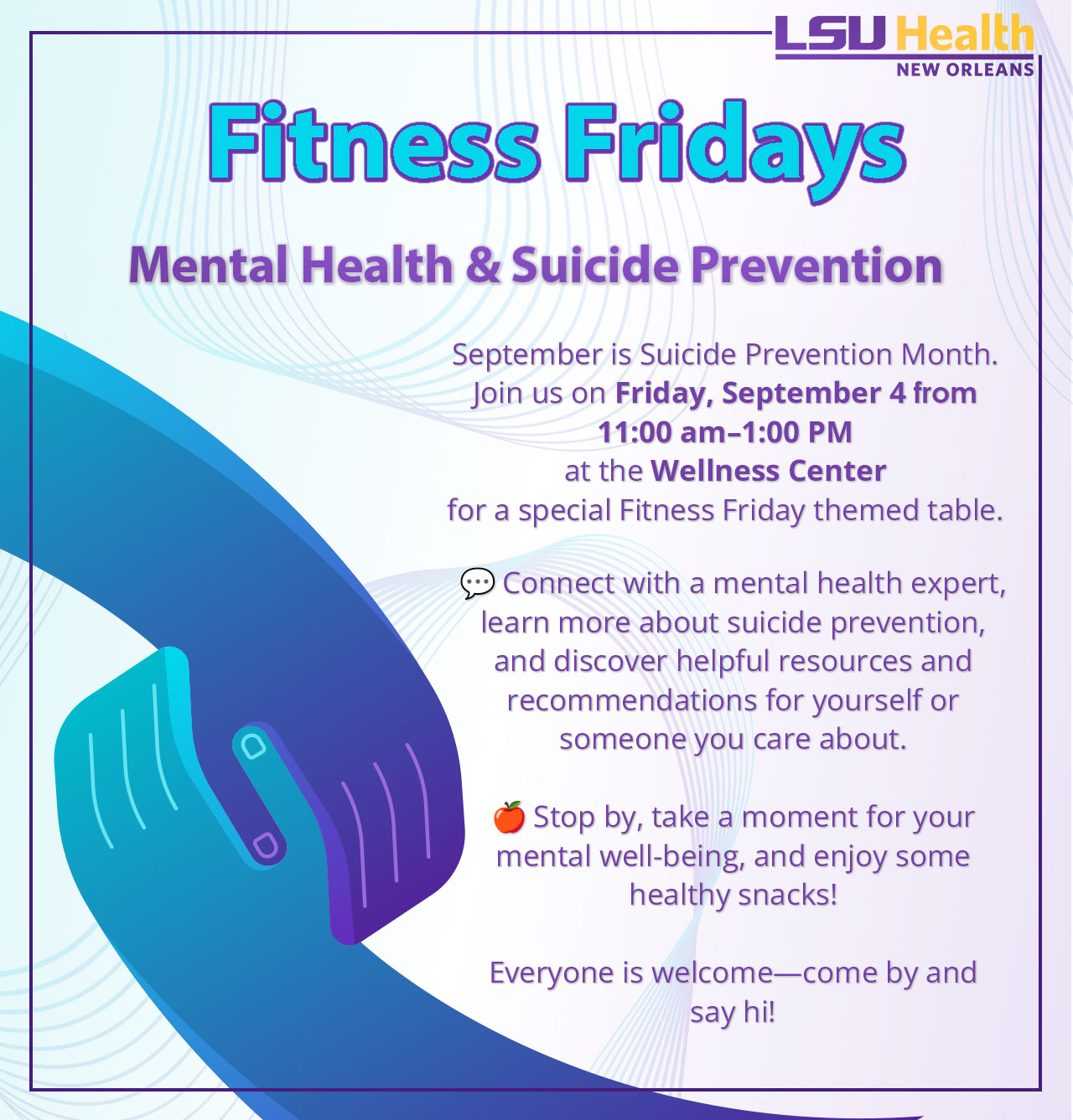Event Title: Fitness Friday Sep. 2026 Wellness Committee, Event Date: September 04, Starting at 11:00 AM and ending at 01:00 PM in Building: Center for Advanced Learning and Simulation Room: Wellness Center