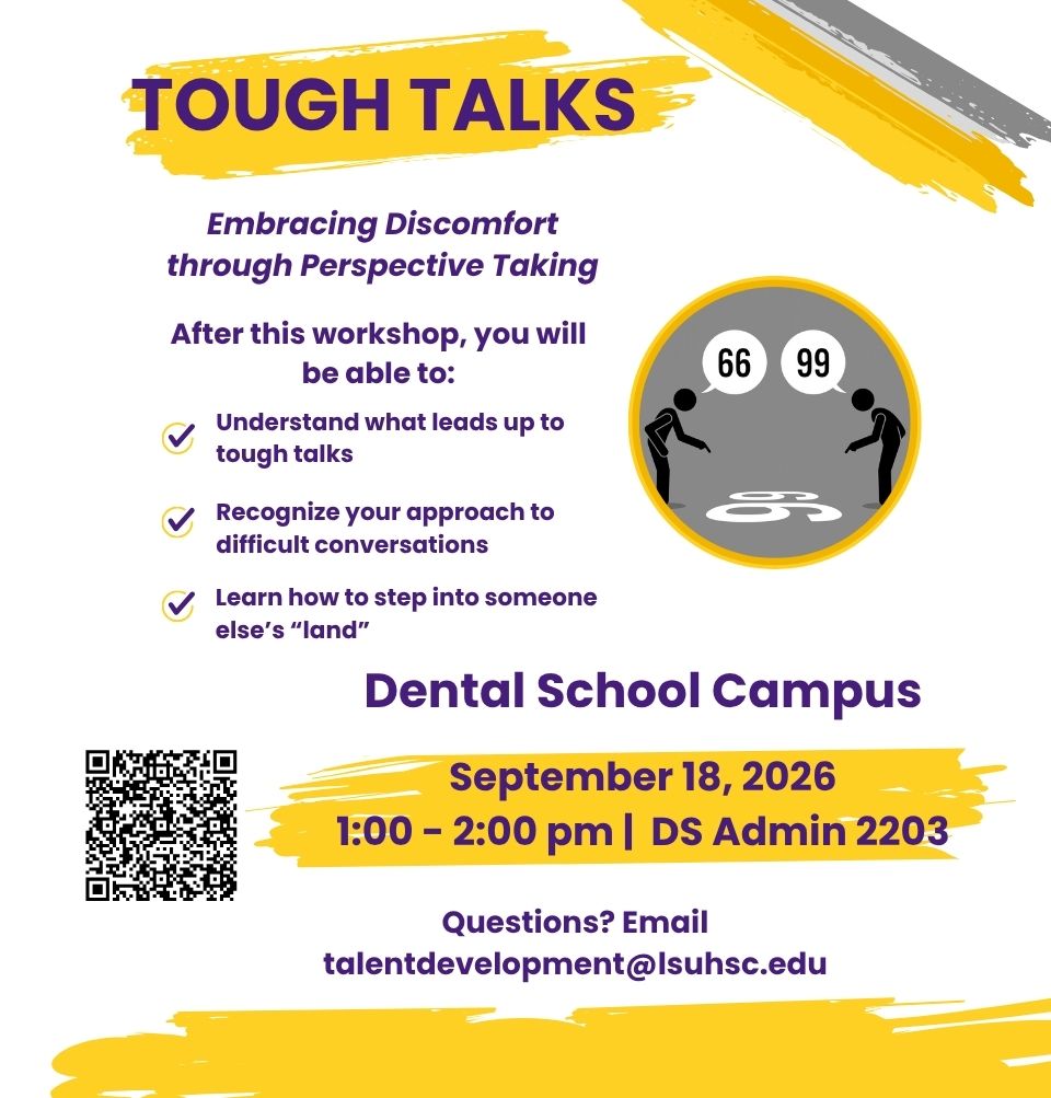 Event Title: Tough Talks  Sonja Washington , Event Date: September 18, Starting at 01:00 PM and ending at 02:00 PM in Building: Dental School Administration Building Room: 2203