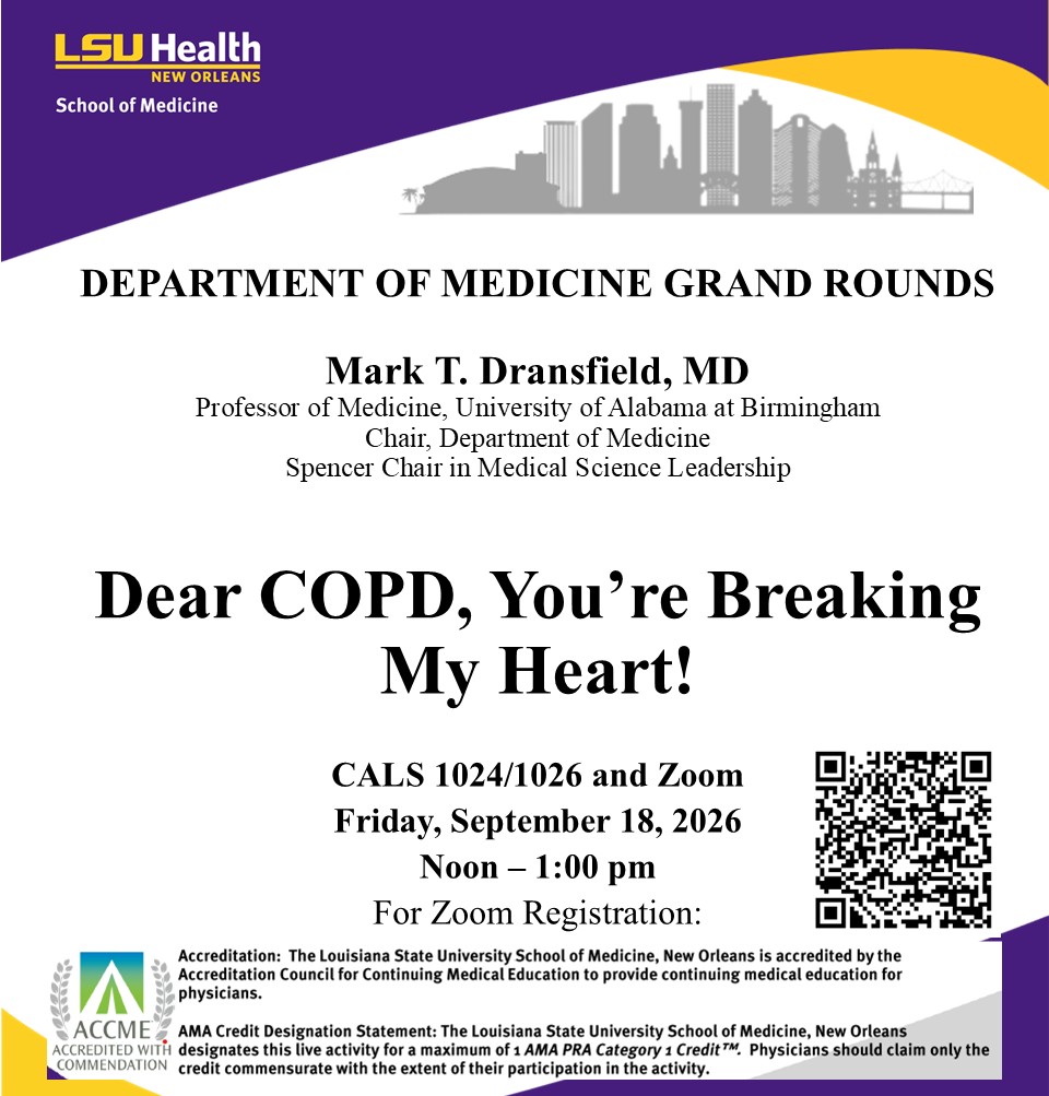 Event Title: Medicine Grand Rounds Mark Dransfield, MD, Event Date: September 18, Starting at 12:00 PM and ending at 01:00 PM in Building: Center for Advanced Learning and Simulation Room: 1024/1026