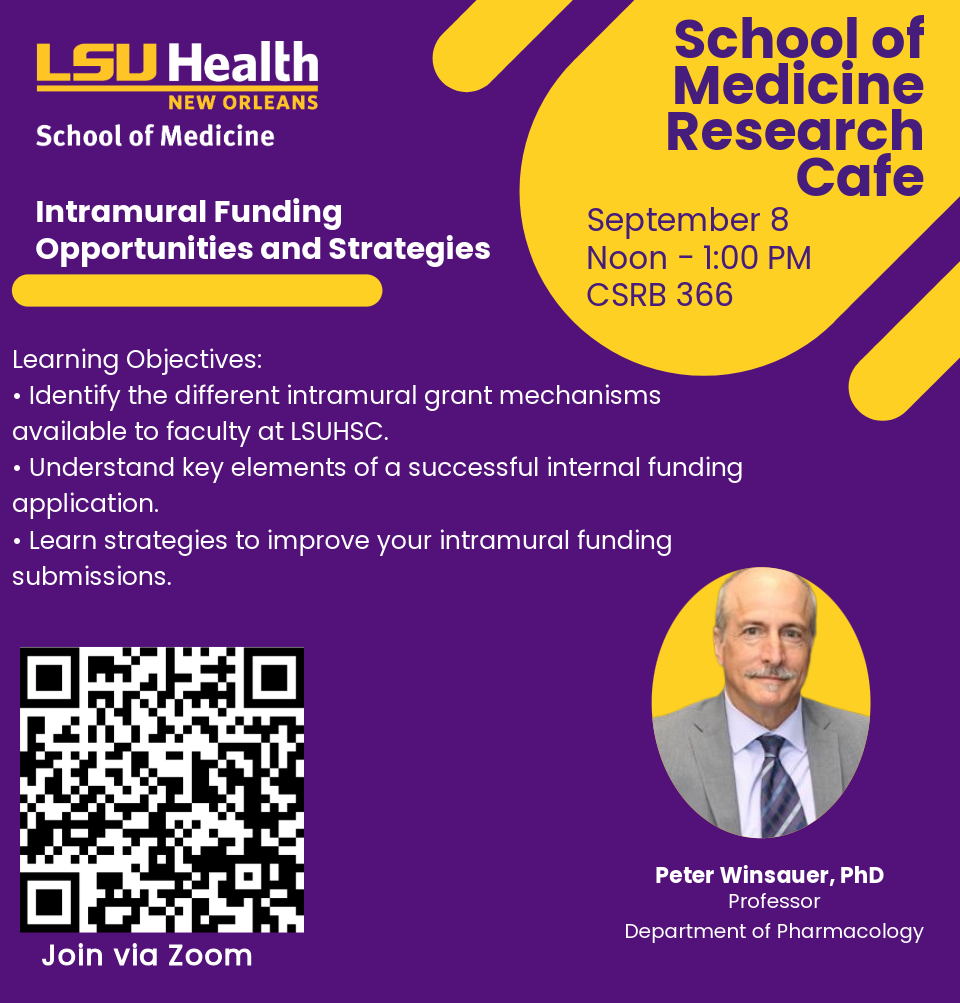 Event Title: Intramural Funding Opportunities and Strategies Peter Winsauer, PhD, Event Date: September 08, Starting at 12:00 PM and ending at 01:00 PM in Building: Clinical Sciences Research Building Room: 366