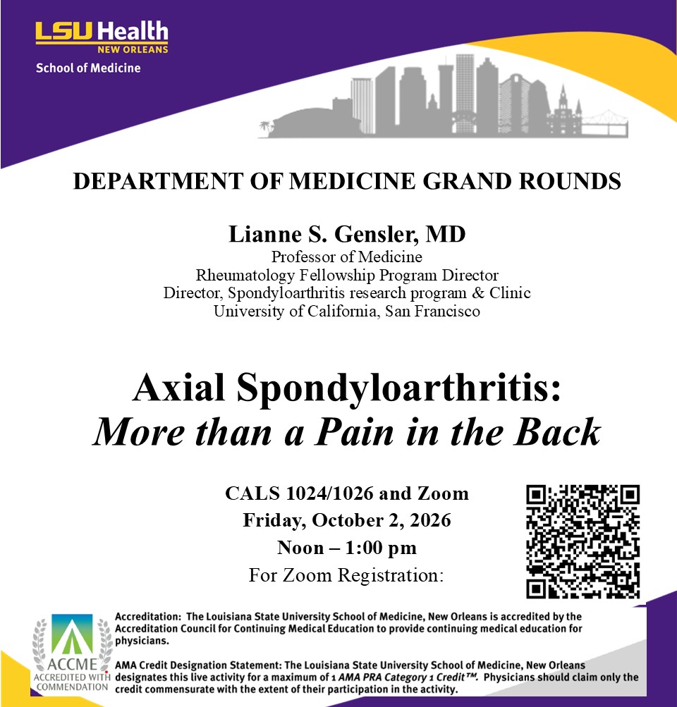 Event Title: Medicine Grand Rounds Lianne Gensler, MD, Event Date: October 02, Starting at 12:00 PM and ending at 01:00 PM in Building: Center for Advanced Learning and Simulation Room: 1024/1026