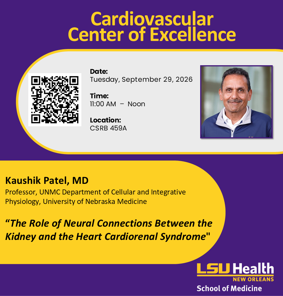 Event Title: Cardiovascular Center Seminar - Dr. Patel Kaushik Patel, PhD, Event Date: September 29, Starting at 11:00 AM and ending at 12:00 PM in Building: Clinical Sciences Research Building Room: CSRB 459A