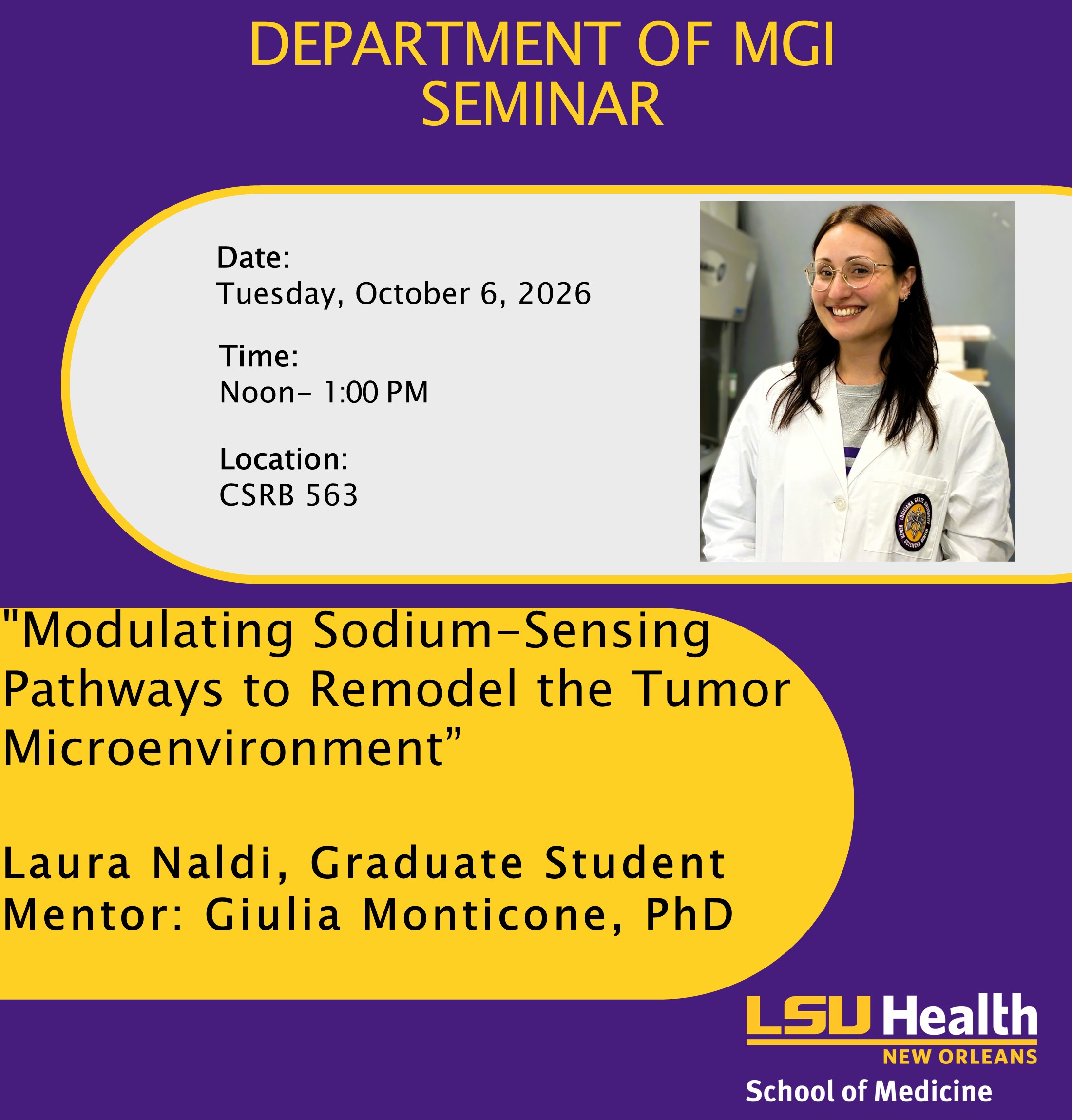 Event Title: MGI Department Seminar Laura Naldi, Event Date: October 06, Starting at 12:00 PM and ending at 01:00 PM in Building: Clinical Sciences Research Building Room: 563