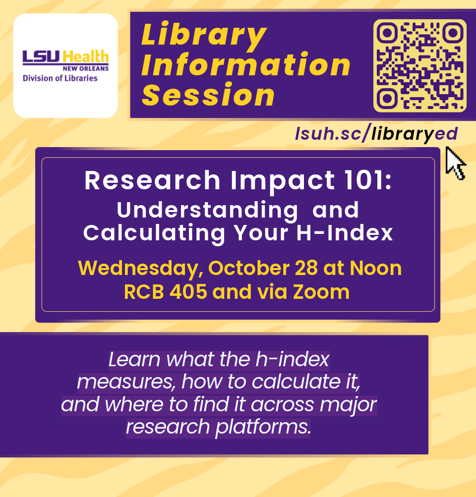 Event Title: Research Impact 101: Understanding and Calculating Your H-Index Sharon Duffy and Matthew Folse, Event Date: October 28, Starting at 12:00 PM and ending at 12:30 PM in Building: Resource Center Building Room: Room 405 RCB