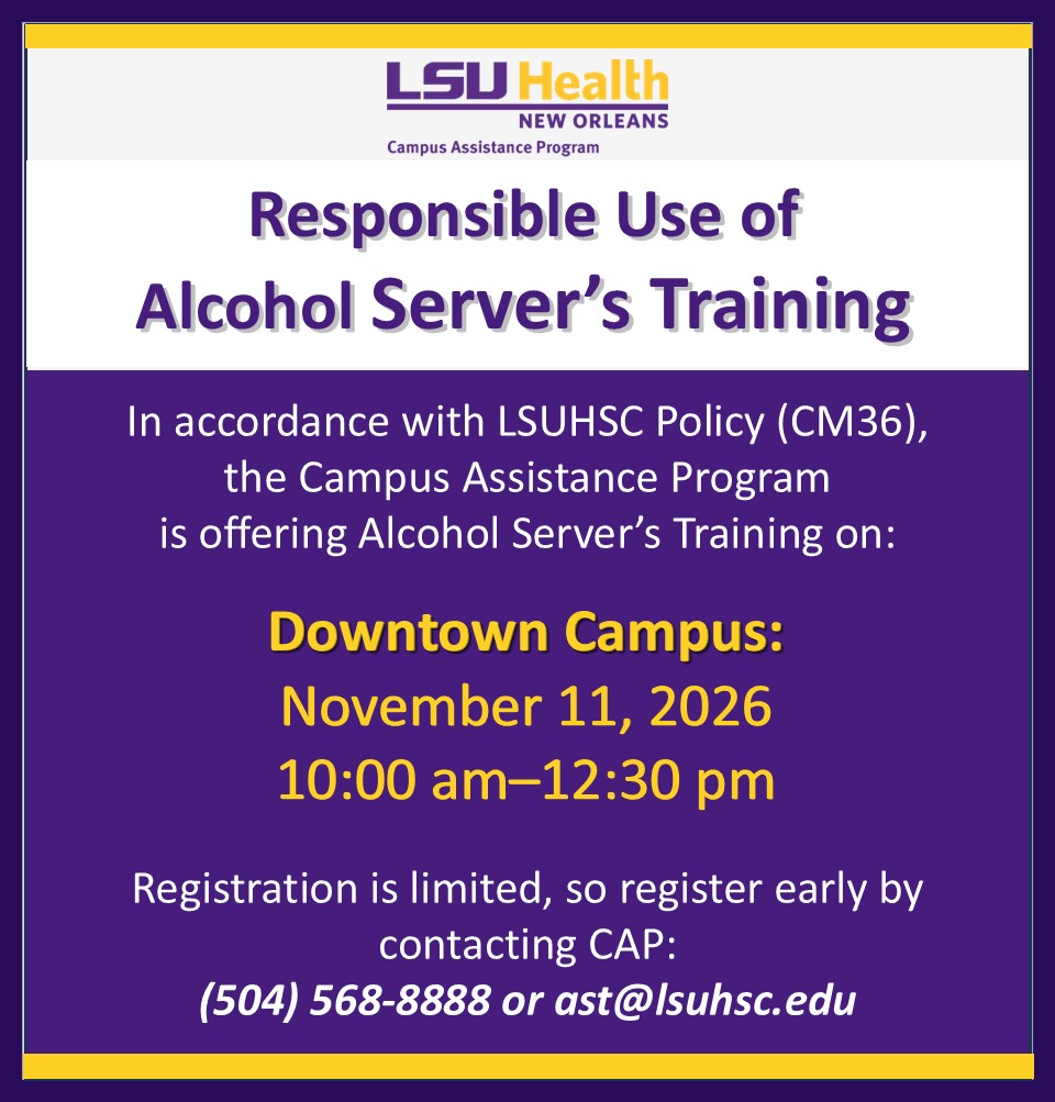 Event Title: Alcohol Server Training Campus Assistance Program, Event Date: November 11, Starting at 10:00 AM and ending at 12:30 PM in Building: Human Development Center Room: 133