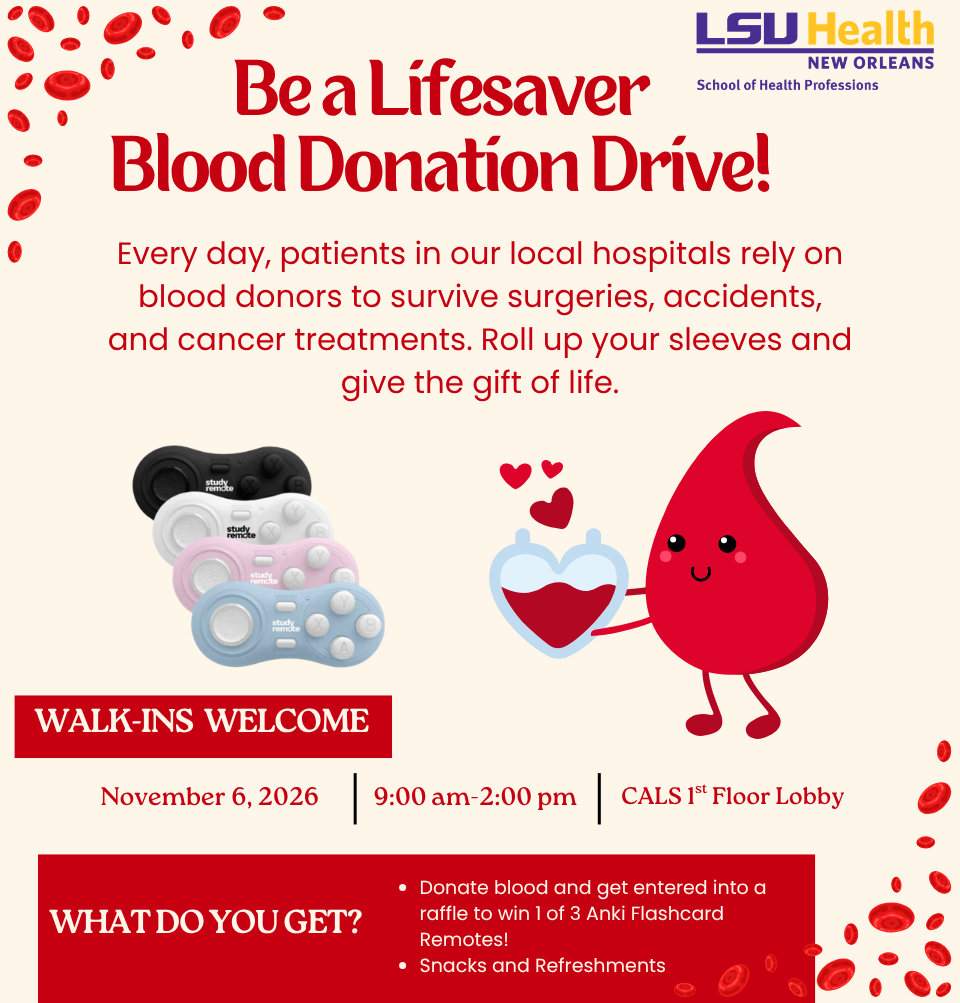 Event Title: Blood Drive , Event Date: November 06, Starting at 09:00 AM and ending at 02:00 PM in Building: Center for Advanced Learning and Simulation Room:  1st floor Lobby 