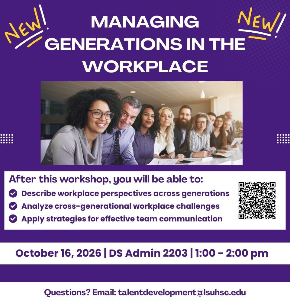 Event Title: Managing Generations in the Workplace Sonja Washington , Event Date: October 16, Starting at 01:00 PM and ending at 02:00 PM in Building: Dental School Administration Building Room: 2203