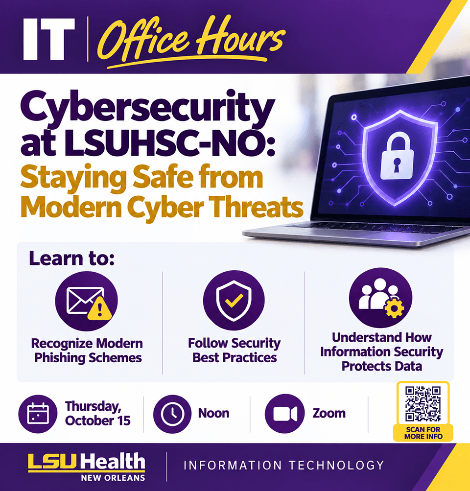 Event Title: IT Office Hours - Cybersecurity , Event Date: October 15, Starting at 12:00 PM and ending at 01:00 PM in Building: Resource Center Building Room: Zoom