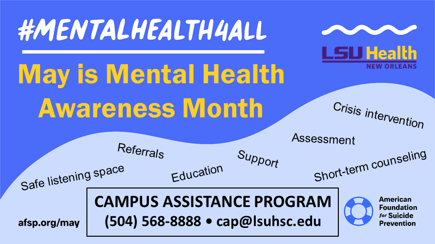 Event Title: Mental health Awareness Month  , Event Date: May 05, Starting at 12:00 AM and ending at 12:00 AM in Building: None Room:  