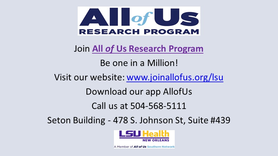 Event Title: All Of Us Research Program , Event Date: January 12, Starting at 12:00 AM and ending at 12:00 AM in Building: None Room:  