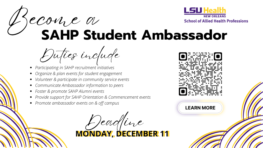 Event Title: SAHP Student Ambassador Application , Event Date: November 16, Starting at 12:00 AM and ending at 12:00 AM in Building: None Room:  