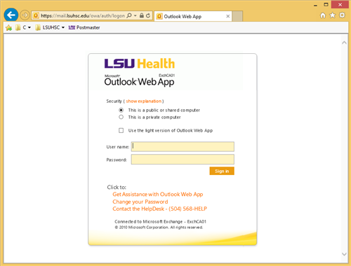 Owa Support Lsu Health New Orleans Exchange 2010 Logon Page