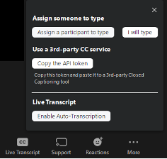 Screenshot of Zoom Live Transcript Options