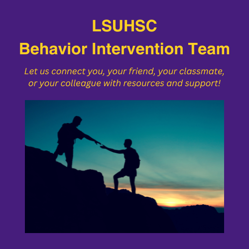 a purple square with Behavior Intervention Team, let us connect you, your friend, your classmate, or your colleague with resources and support and an image of two hikers on a mountain top 