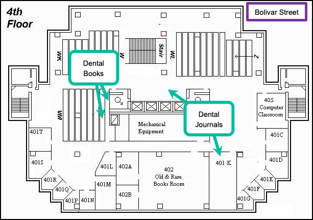 Drawing of the 4th floor with areas for the dental books and journals relocation indicated