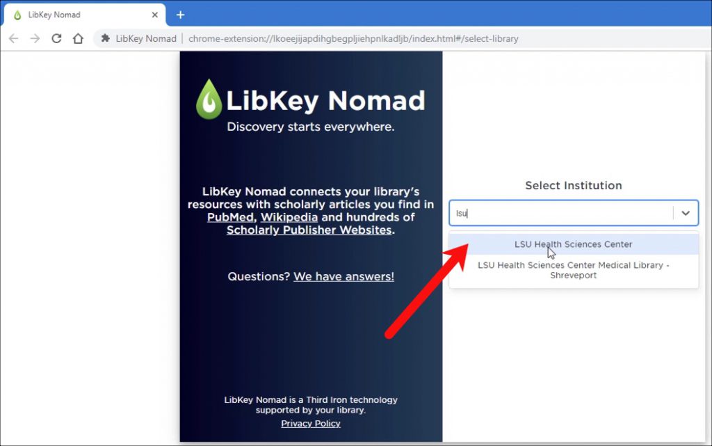 Choose institution for LibKey Nomad.