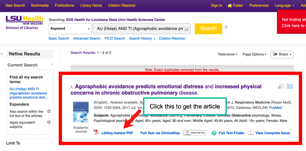 Citation Resolver DOI search results with link to article highlighted