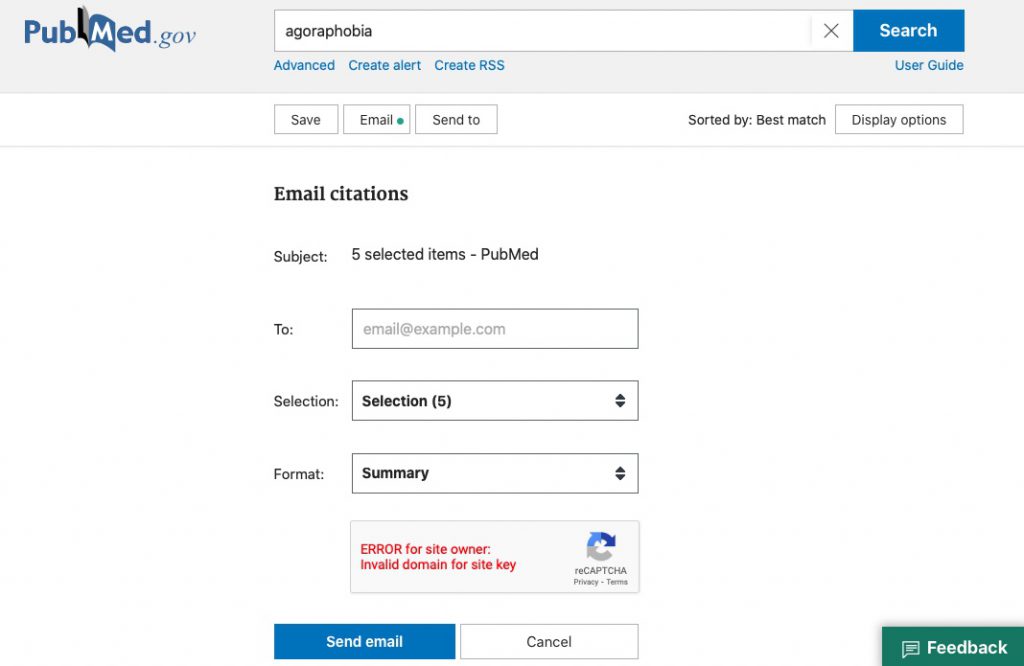 Screenshot of PubMed e-mail error