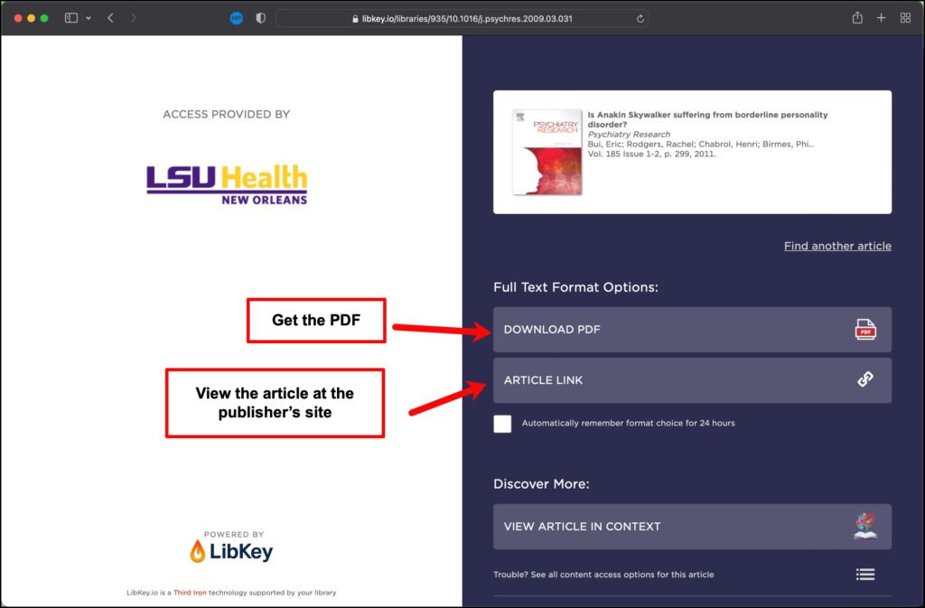 Screenshot of link options