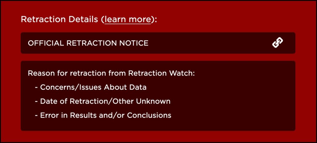 Screenshot of article retraction reasons