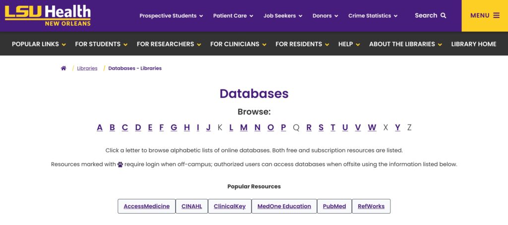 Screenshot of databases listing page