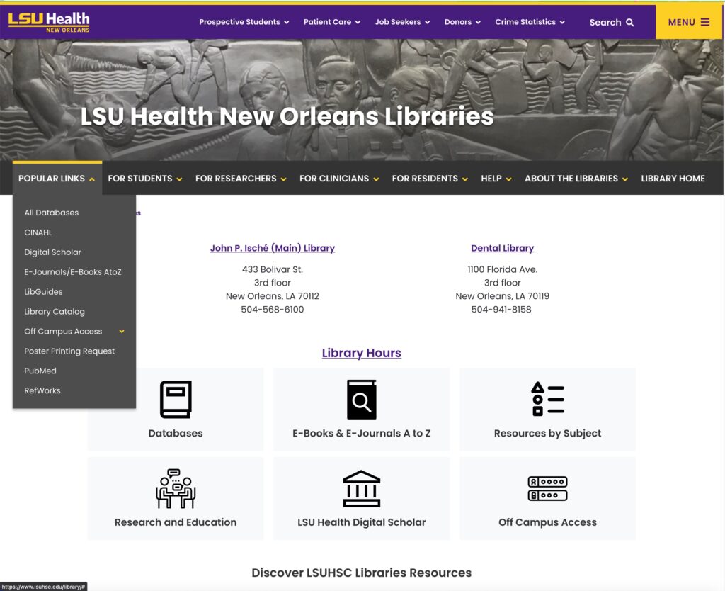 Screenshot of menus on website