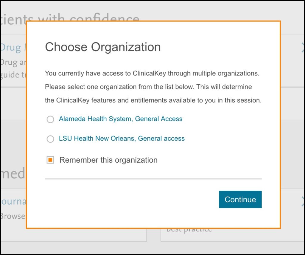 Screenshot of organization choice list