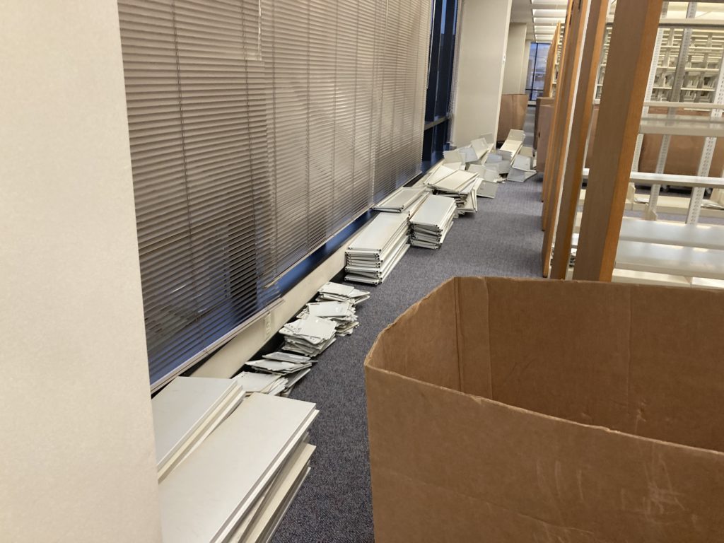 Picture of library shelving on the ground