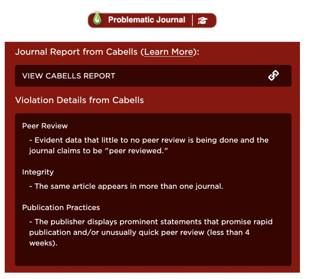 Screenshots of problematic journal alerts