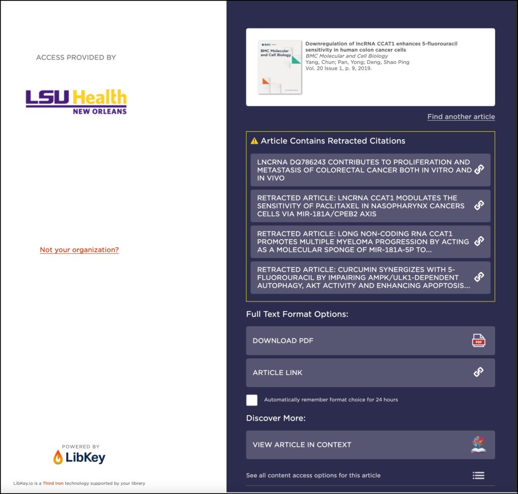 Screenshot of notice about retracted citations for an article