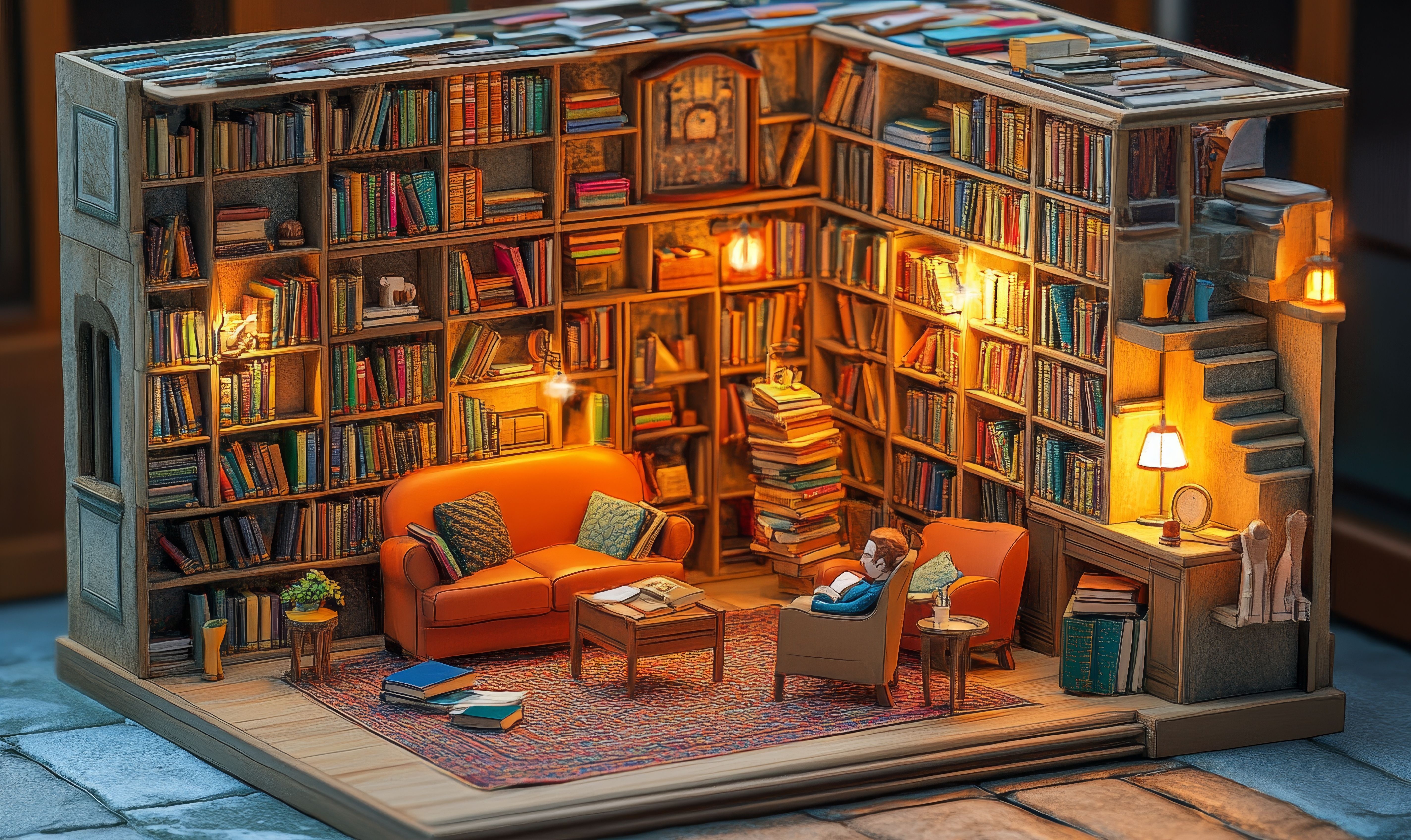 Miniature library diorama with furniture and a person reading