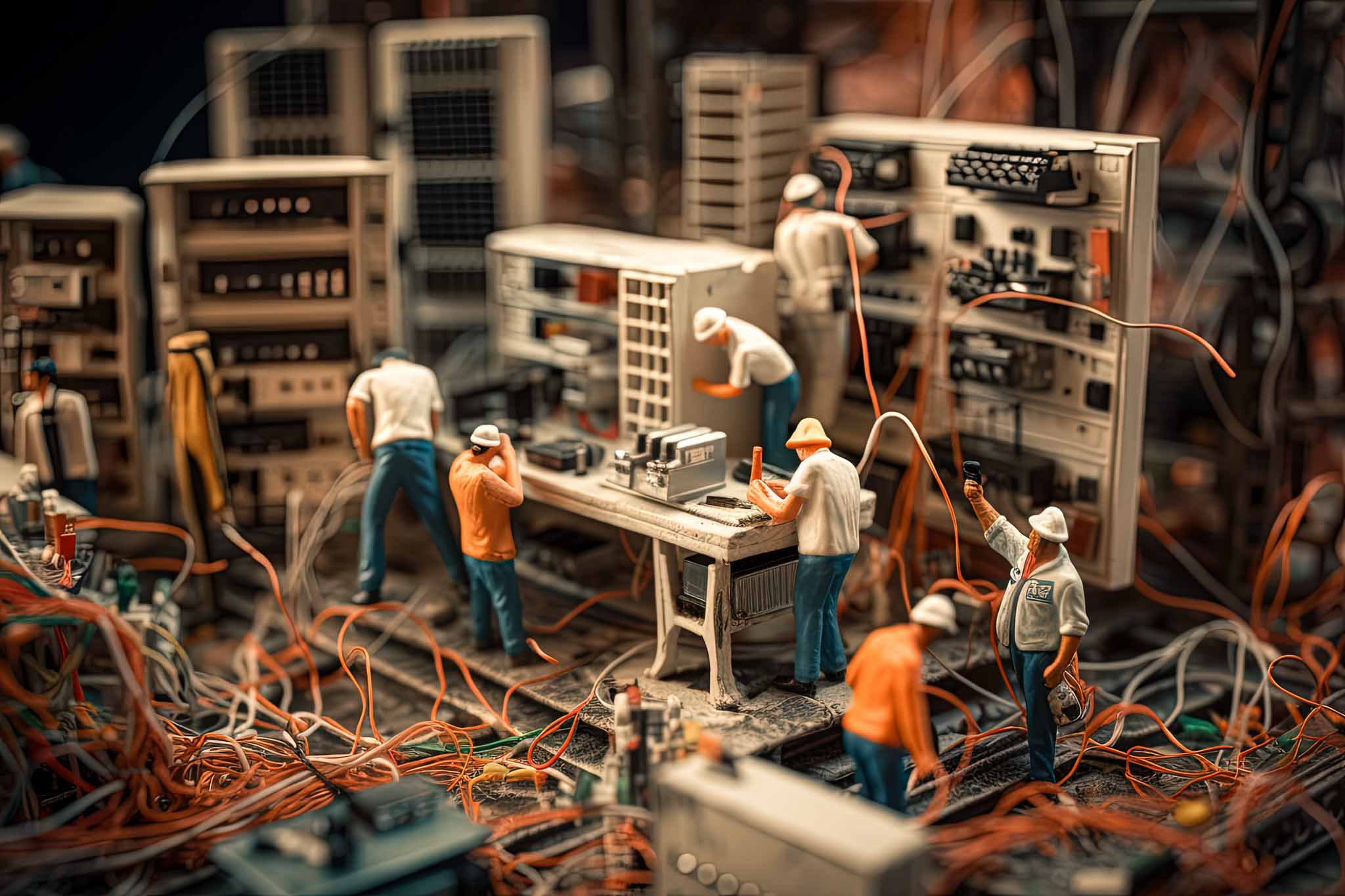 Miniature diorama, many tiny workers building internet network inside computer
