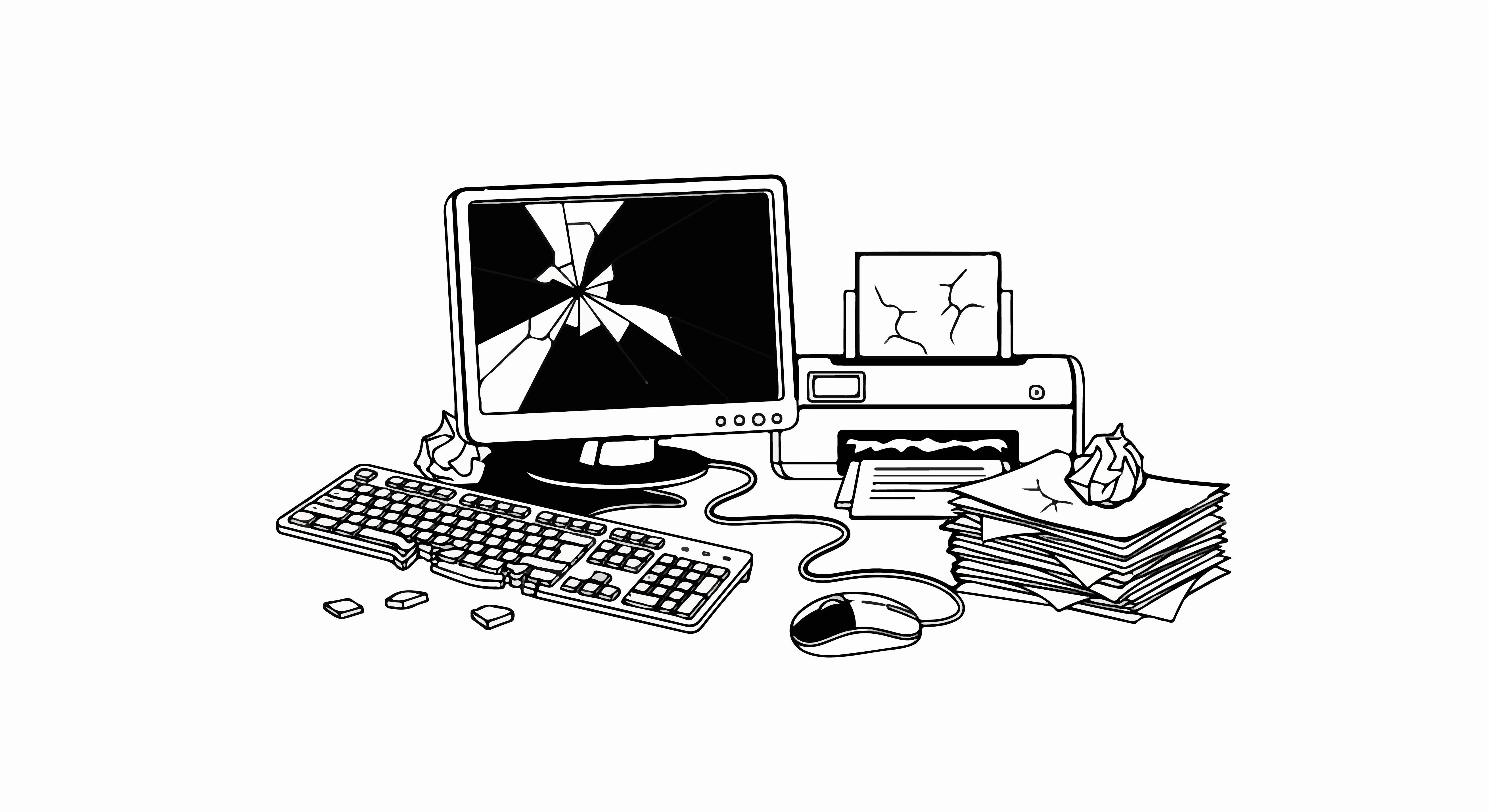 Broken computer monitor, damaged printer, and crumpled paper suggest technological failure