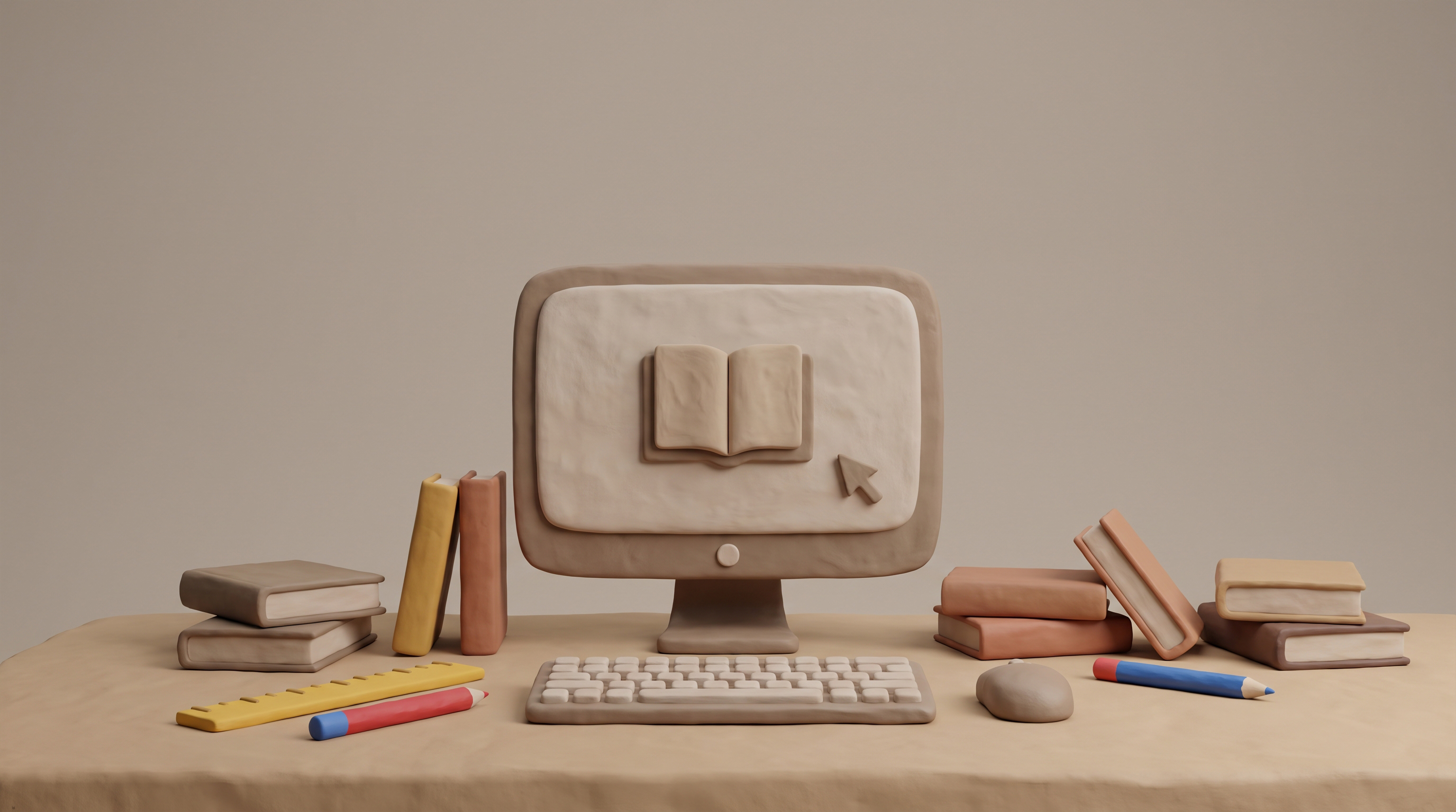 3D clay-style illustration of an educational desk representing online learning and digital teaching materials.