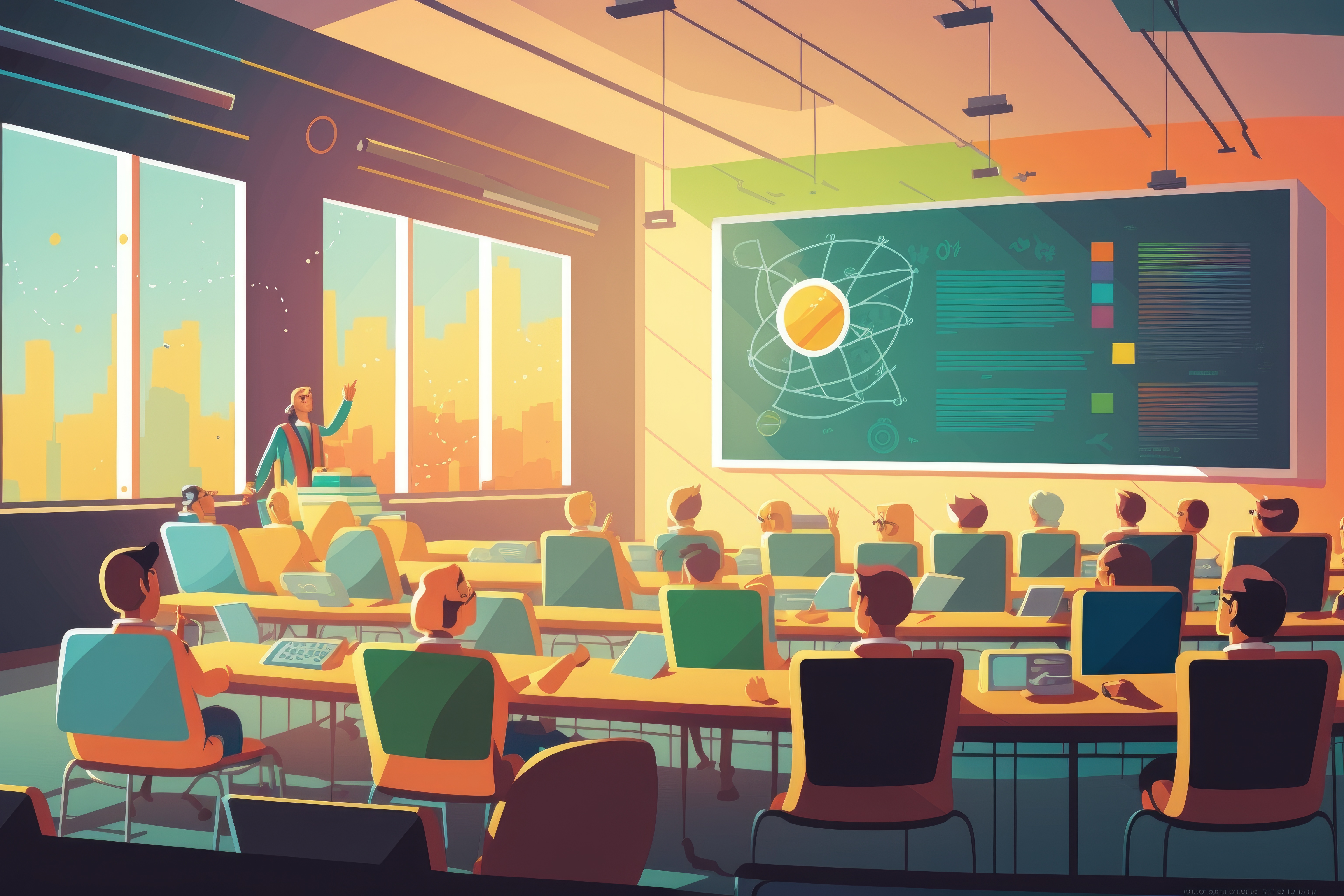 Drawing of a classroom with students and a teacher; there is an illustration on the chalkboard at the front of the room