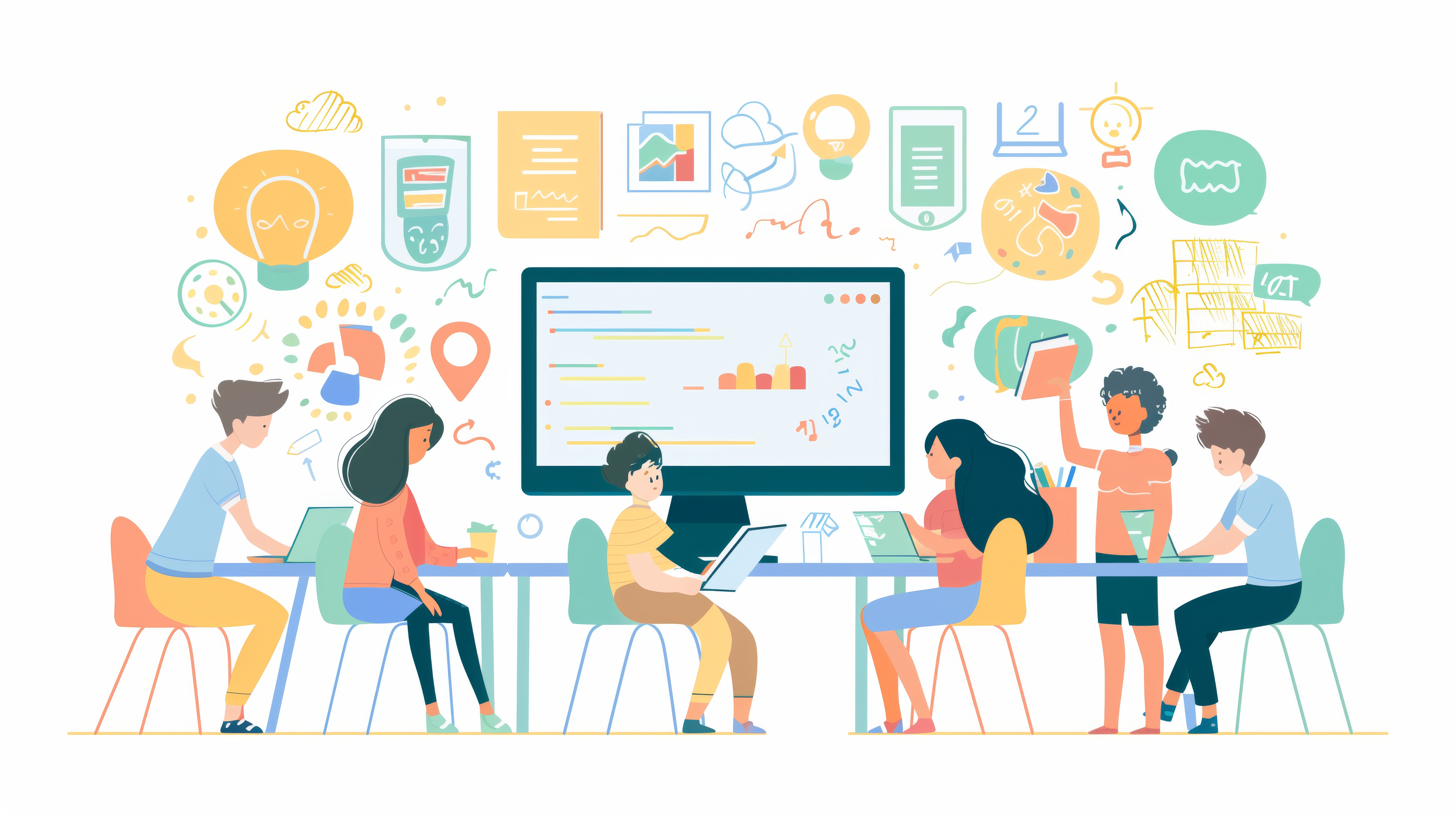 Drawing of a group in a classroom surrounding a large computer screen with a chart displayed on the screen