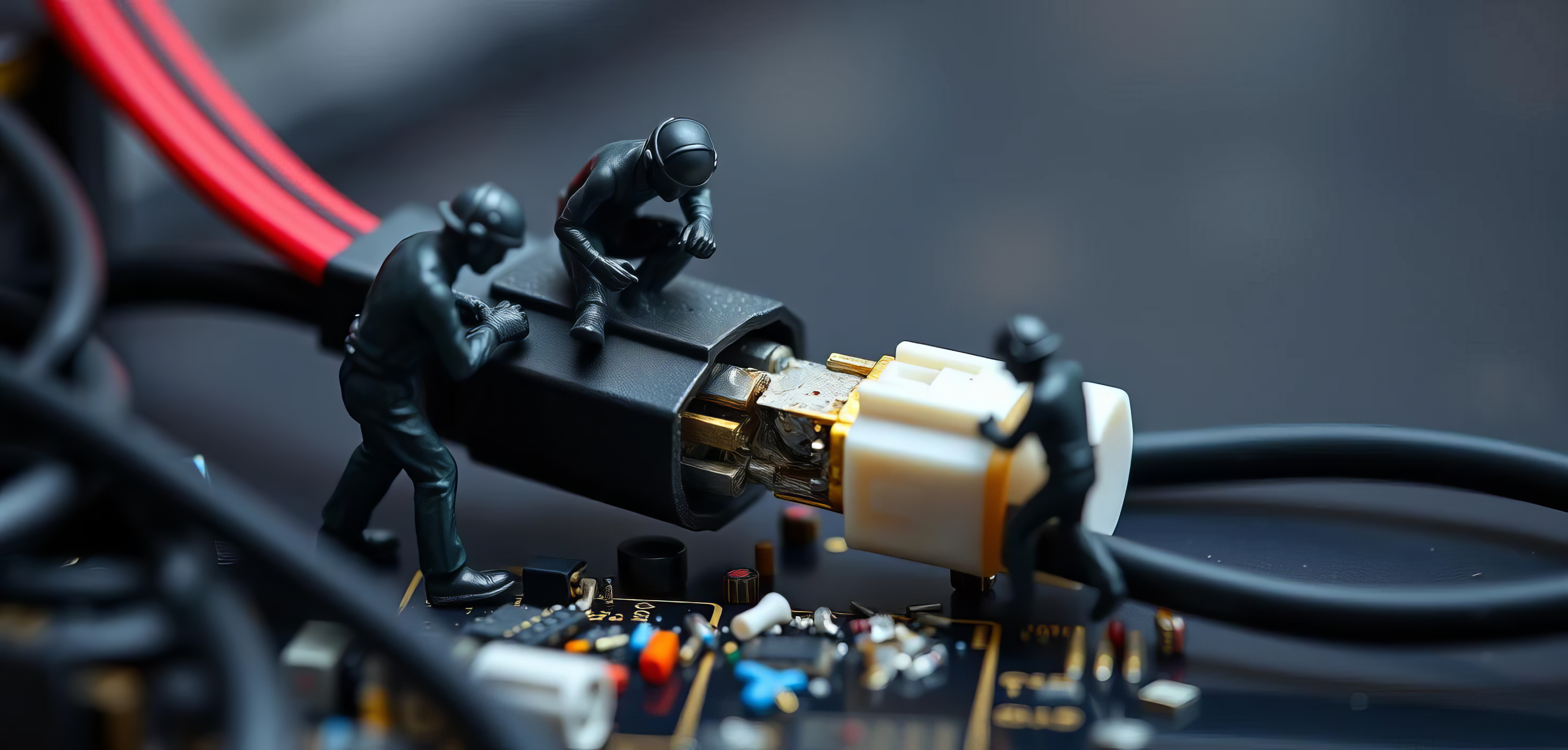 Miniature figures meticulously repairing a damaged cable connection with plug and socket, craftsmanship, isolated By chanwut