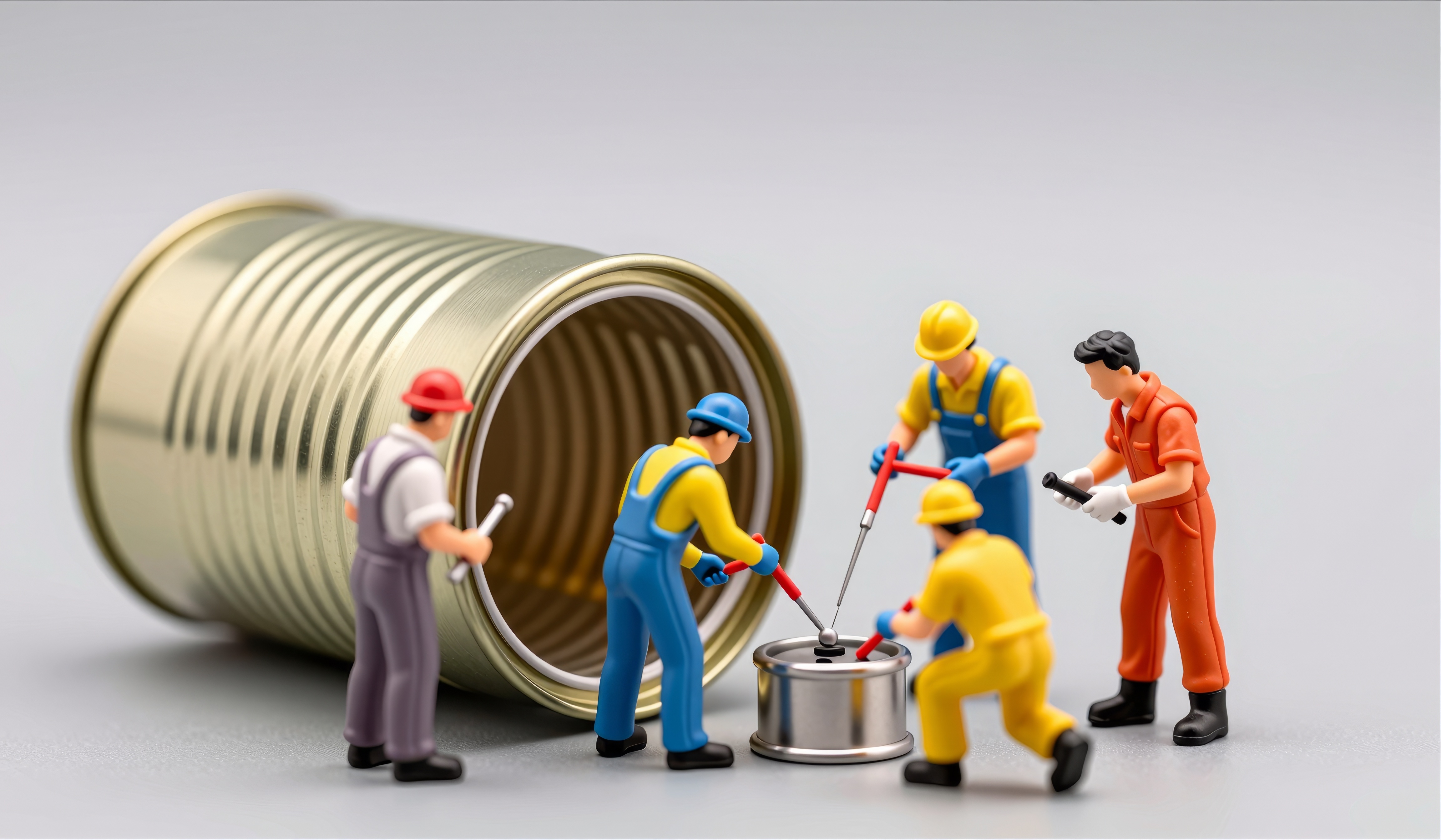 Image of toy construction workers standing and kneeling in front of a tin can meant to be a pipe