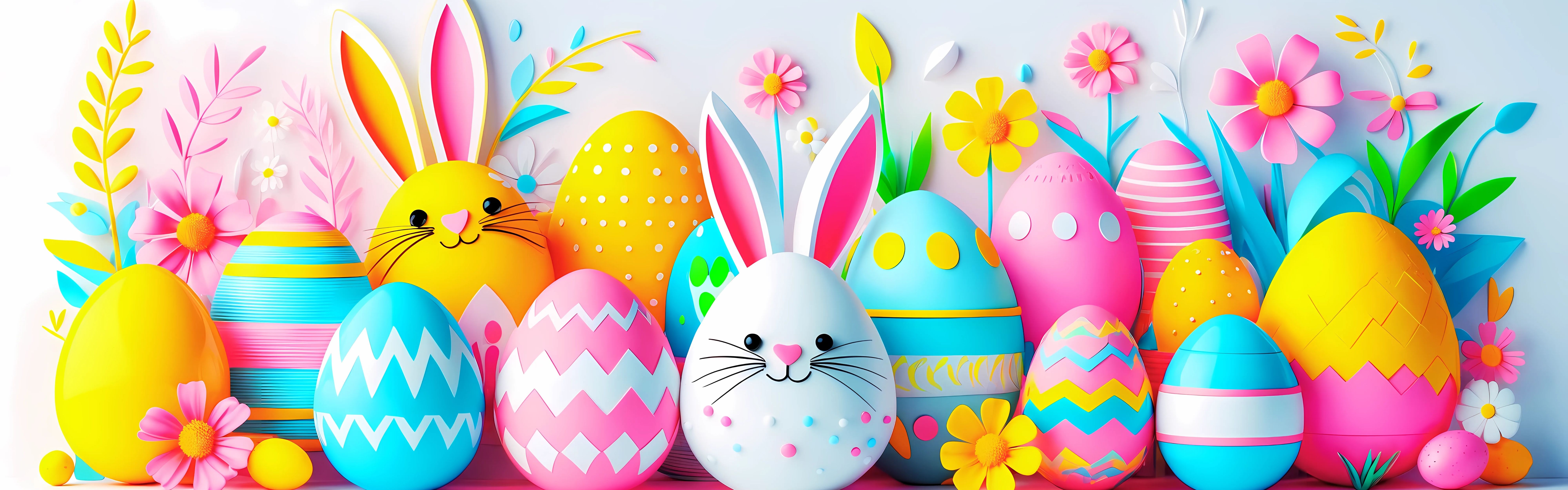 Picture of decorated eggs in bright colors with two that look like bunnies