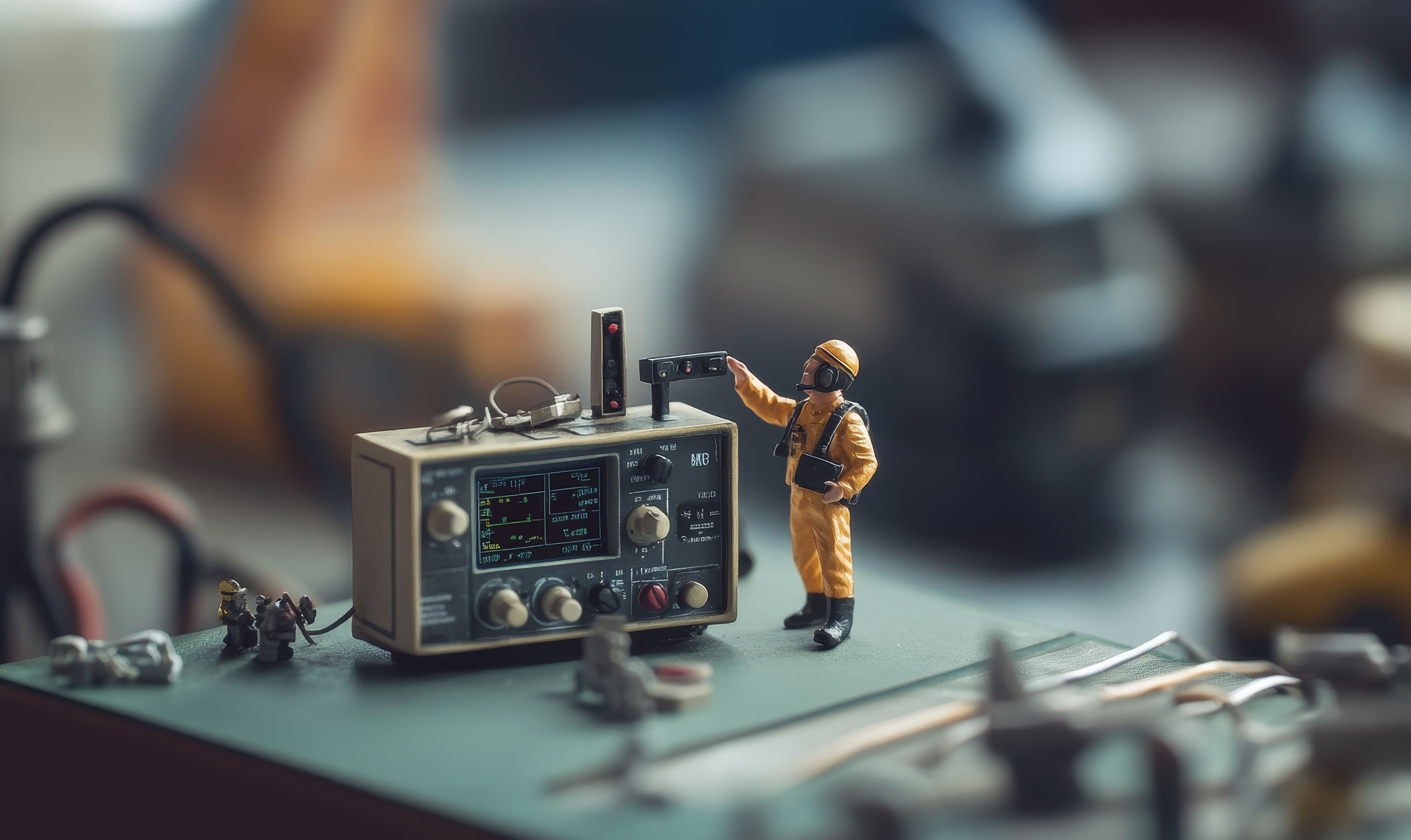 Image of a toy worker adjusting a small radio