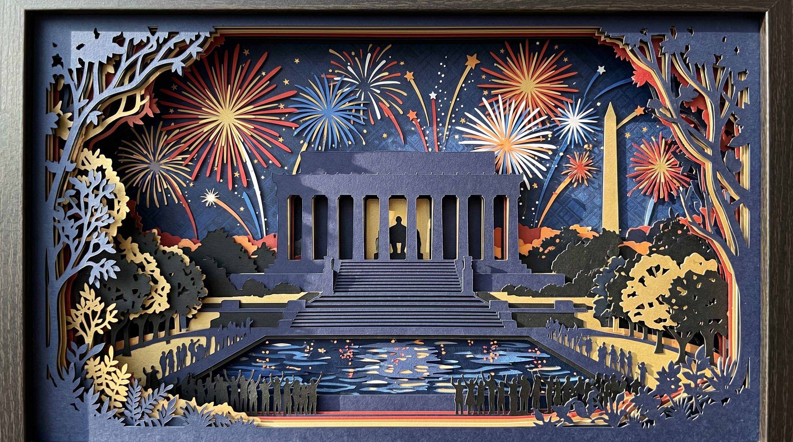 Intricate layered paper art diorama of the Lincoln Memorial and Washington Monument in Washington D.C. illuminated by vibrant multi-colored fireworks in a night sky, encased in a framed display
