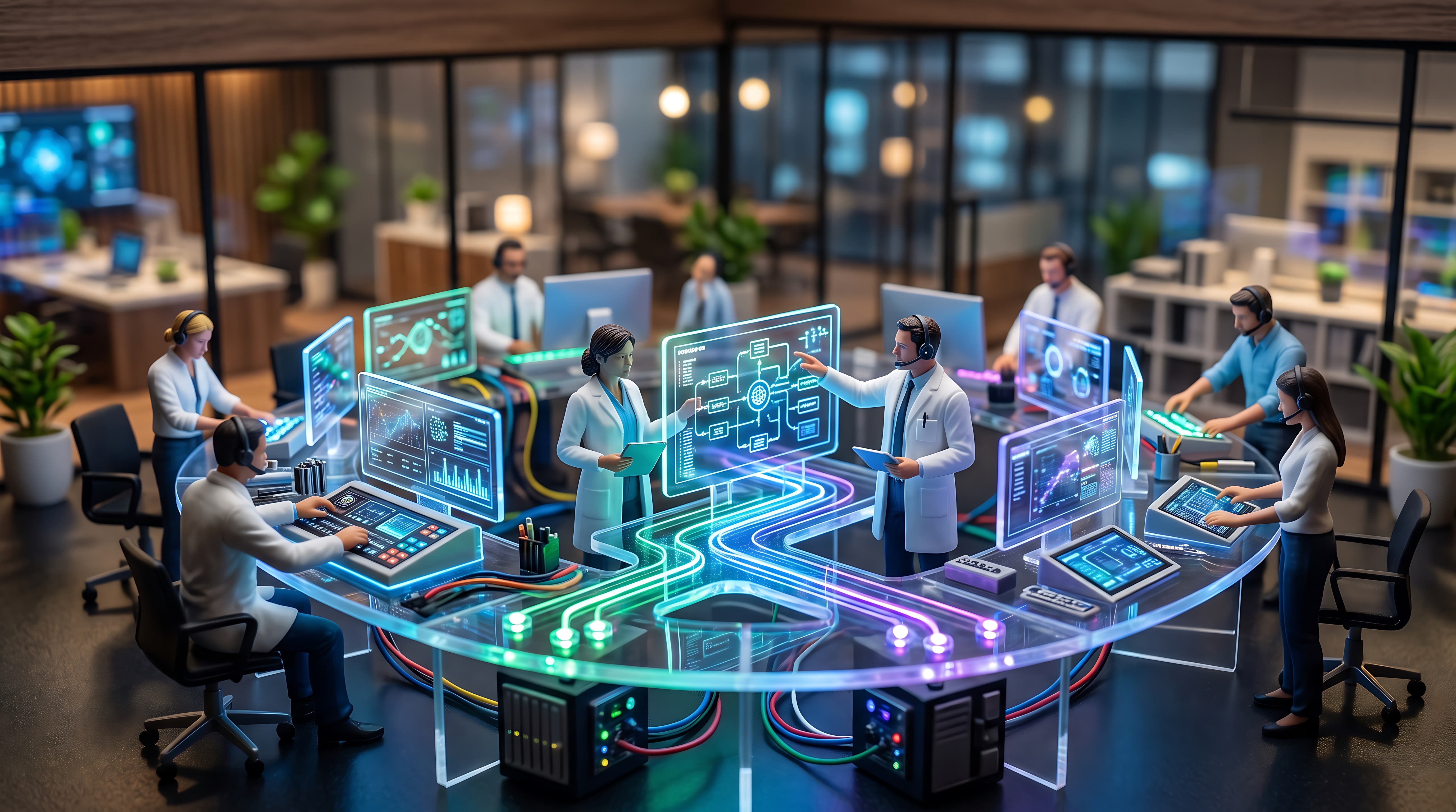 Miniature data analysts operating futuristic holographic control center
